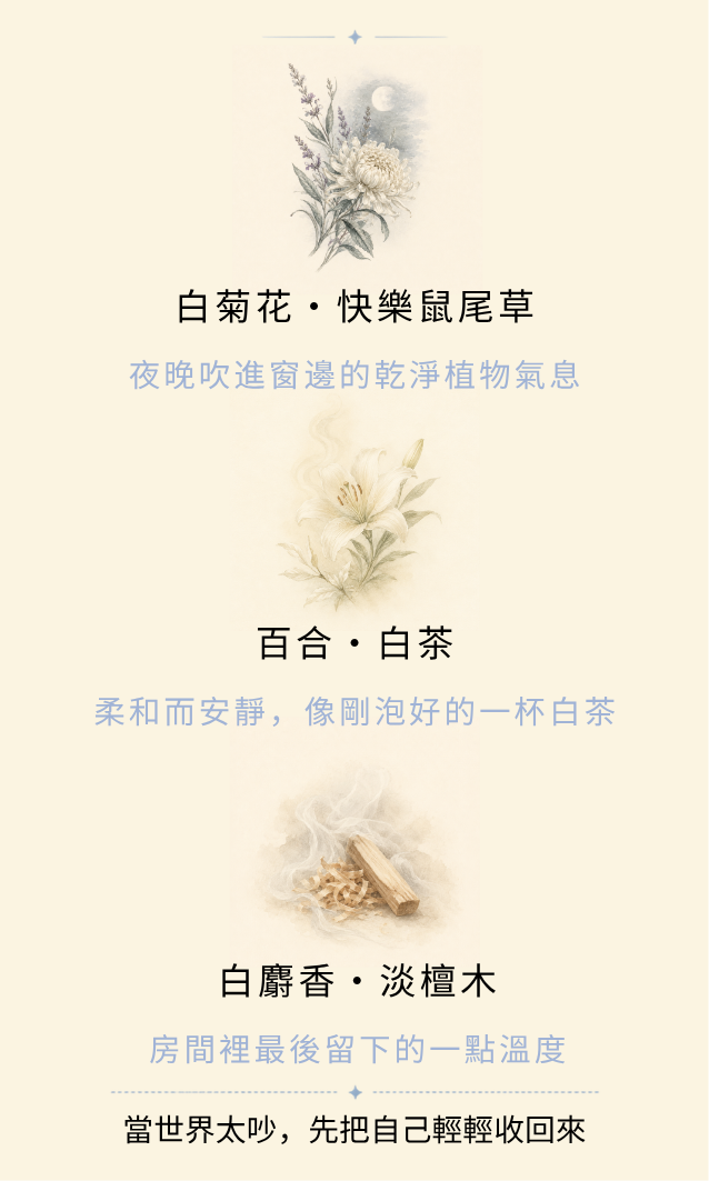 療癒信使氣味檔案卡背面：白菊花快樂鼠尾草、百合白茶、白麝香淡檀木三段香調