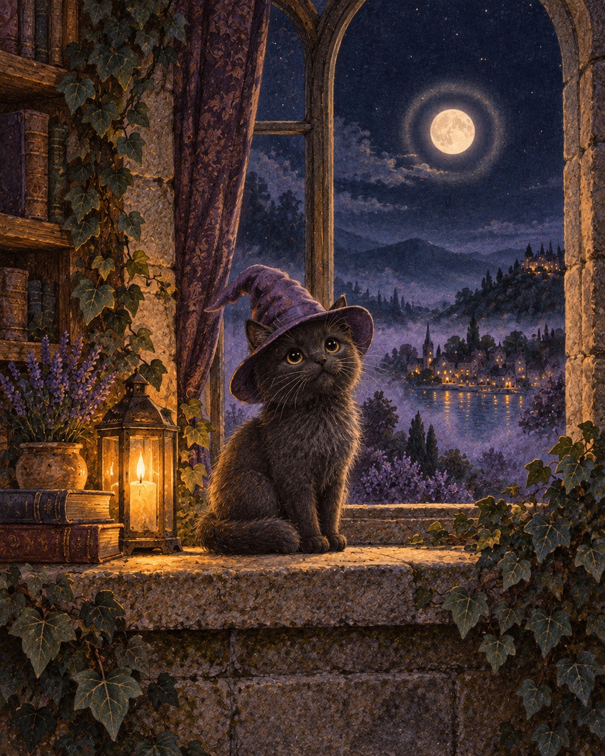 月光下的黑貓巫師・萬聖夜意境插畫