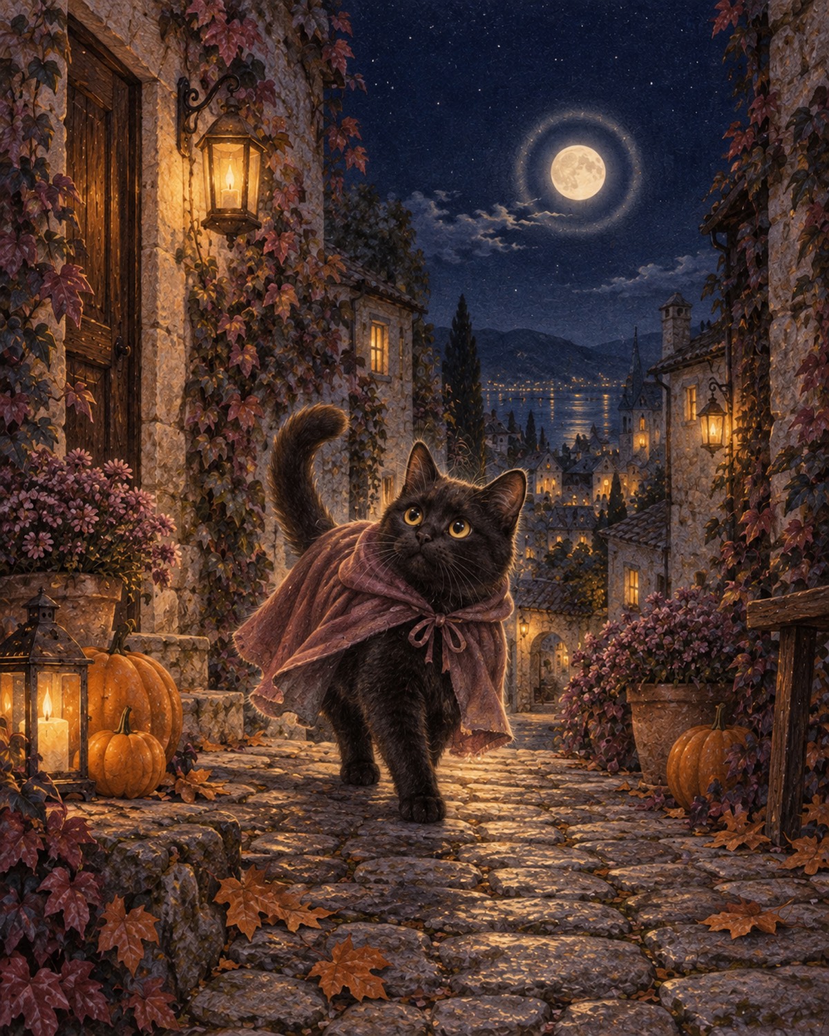 黑貓的紫色斗篷・萬聖夜意境插畫