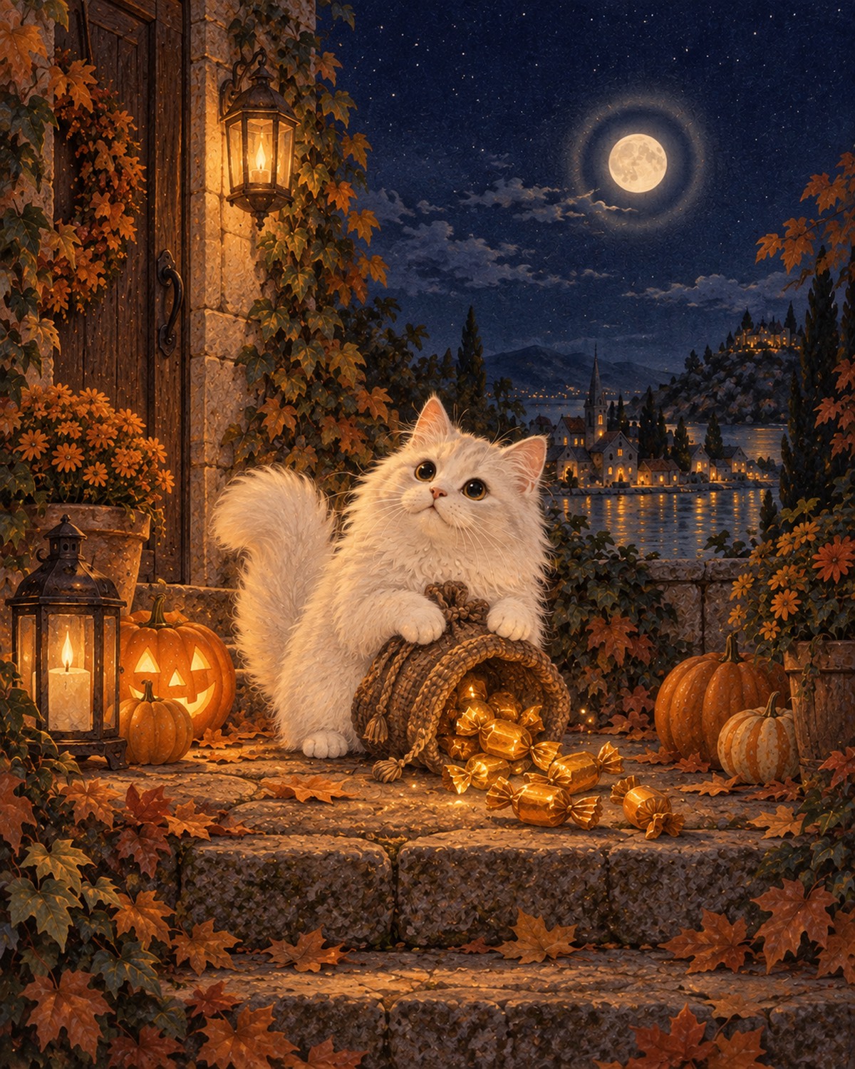 白貓的糖果袋・萬聖夜意境插畫